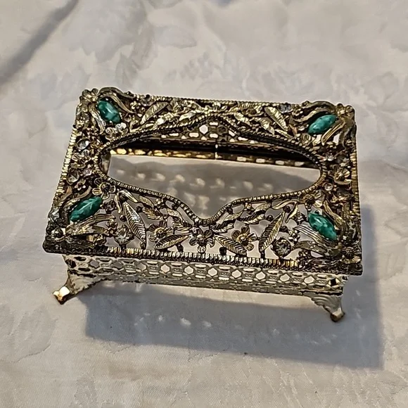VINTAGE FILIGREE ORMOLU VANITY TISSUE BOX JEWELED MID CENTURY - Picture 1 of 5